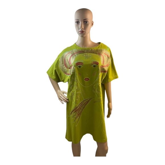 Women’s Vintage Green Handmade Painting T-Shirt Dress Size One Size. - Picture 1 of 14